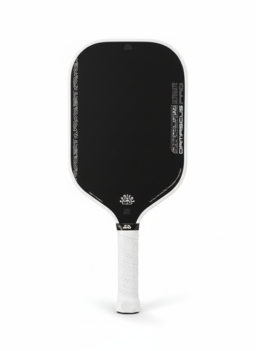 Black pickleball paddle with white handle on a white background