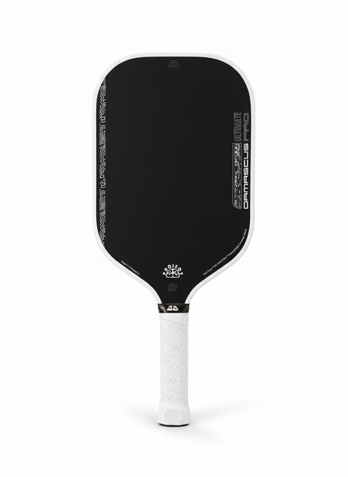 Black pickleball paddle with white handle on a white background