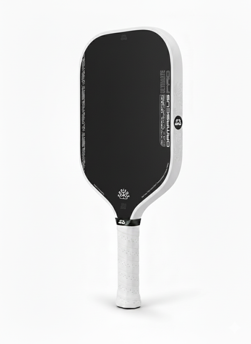 Black and white pickleball paddle on a white background